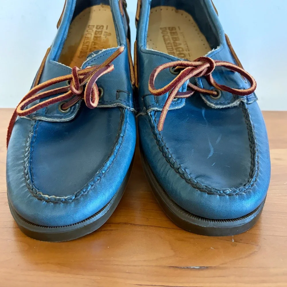 Sebago Docksides Blue Tan Leather Boat Shoes Mens 9 M Sample 720086 Loafers